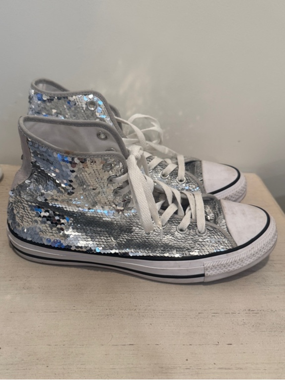 Converse Silver Sequin High Top Sneakers Size 9 - Picture 3 of 5